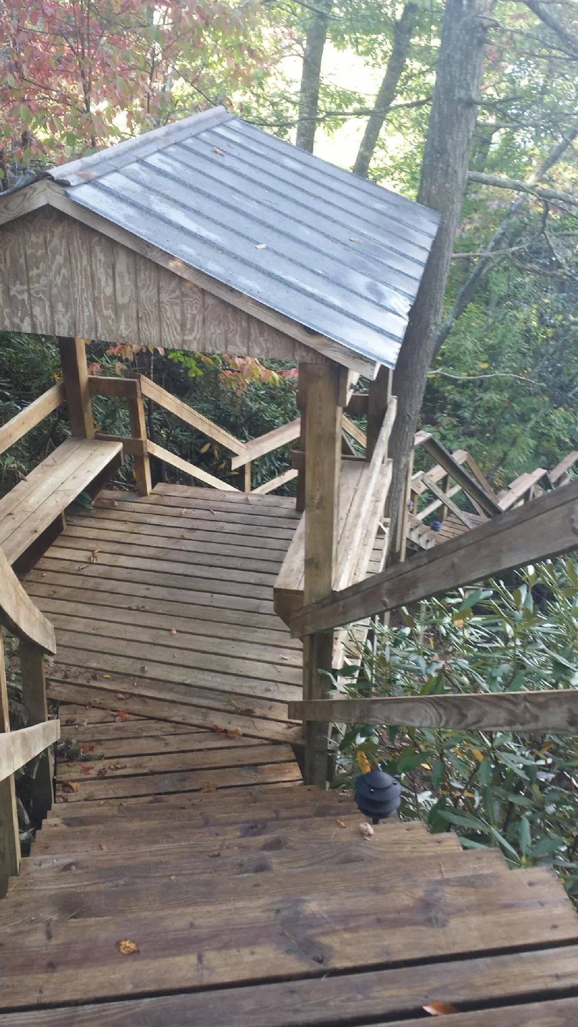 Metal roofed shelter over wooden steps on a wooded walkway — Skylight Repair & Installation work by our crew in Cross Plains